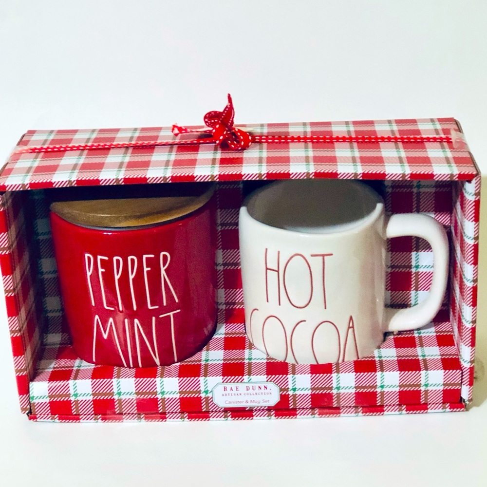 Rae Dunn Christmas Peppermint Cellar / Hot cocoa mug set